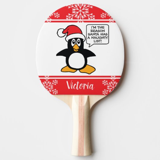 Penguin Naughty List - Gepersonaliseerd kerstfeest Tafeltennisbatje (Voorkant)