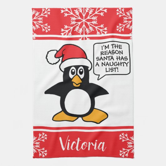 Penguin Naughty List - Gepersonaliseerd kerstfeest Theedoek (Verticaal)