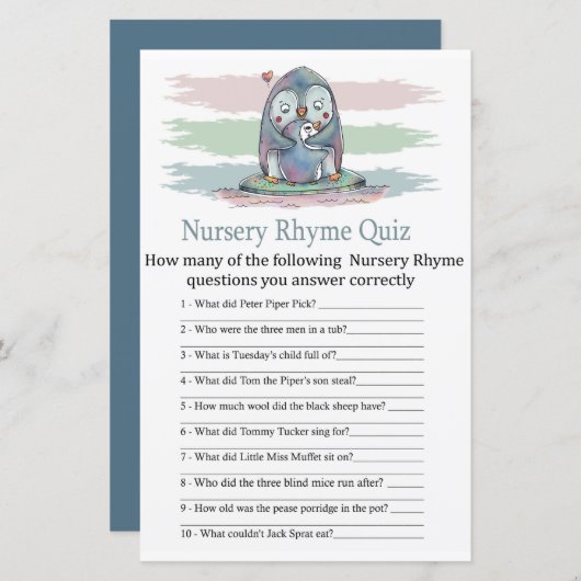 Penguin Nursery Rhyme Quiz baby shower game (Voorkant / Achterkant)