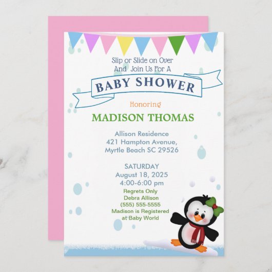 Penguin on Ice Baby shower Invitation Kaart (Voorkant / Achterkant)