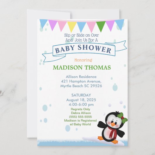 Penguin on Ice Baby shower Invitation Kaart (Voorkant)