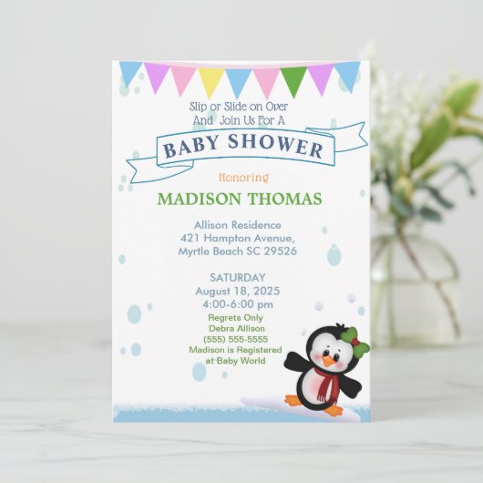 Penguin on Ice Baby shower Invitation Kaart (Staand voorkant)