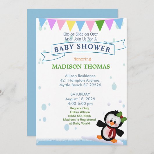 Penguin on Ice Baby shower Invitation Kaart (Voorkant / Achterkant)