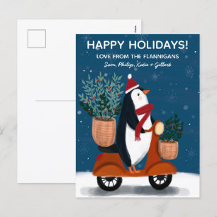 Penguin op Scooter Schattige Kerstmaat Feestdagenkaart