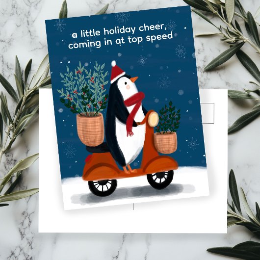 Penguin op Scooter Schattige Kerstmaat Feestdagenkaart