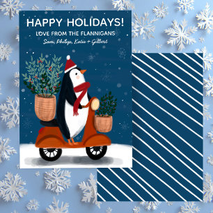Penguin op Scooter Schattige Kerstmaat Feestdagenkaart