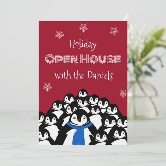 Penguin Open House Kerstfeest Uitnodiging (Staand voorkant)