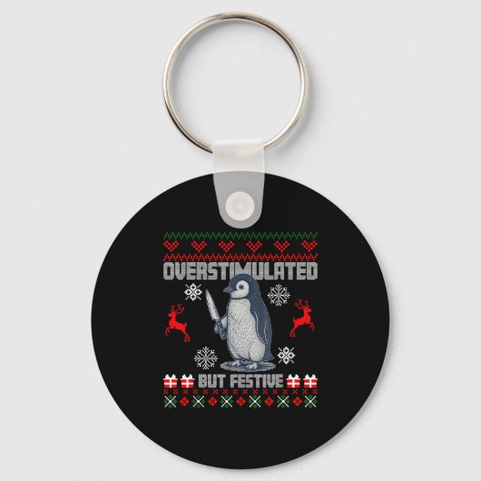 Penguin Overstimulated But Festive Ugly Christmas Sleutelhanger (Voorkant)