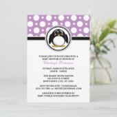 Penguin Paars Polka Dot Baby Shower Invitations Kaart (Staand voorkant)