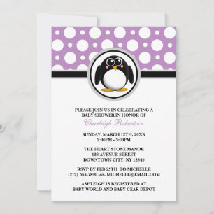 Penguin Paars Polka Dot Baby Shower Invitations Kaart