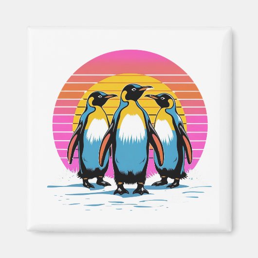 Penguin Parade - Retro Sunset Penguin Familie Magneet (Voorkant)
