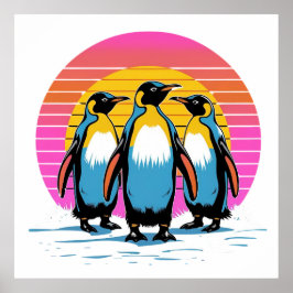 Penguin Parade - Retro Sunset Penguin Familie Poster
