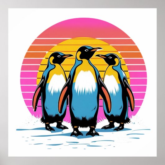 Penguin Parade - Retro Sunset Penguin Familie Poster (Voorkant)