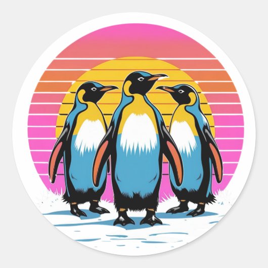 Penguin Parade - Retro Sunset Penguin Familie Ronde Sticker (Voorkant)