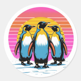 Penguin Parade - Retro Sunset Penguin Familie Ronde Sticker