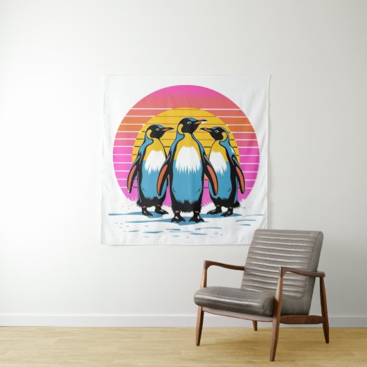 Penguin Parade - Retro Sunset Penguin Familie Wandkleed (In situ)