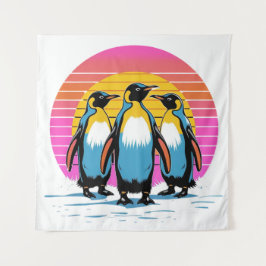 Penguin Parade - Retro Sunset Penguin Familie Wandkleed