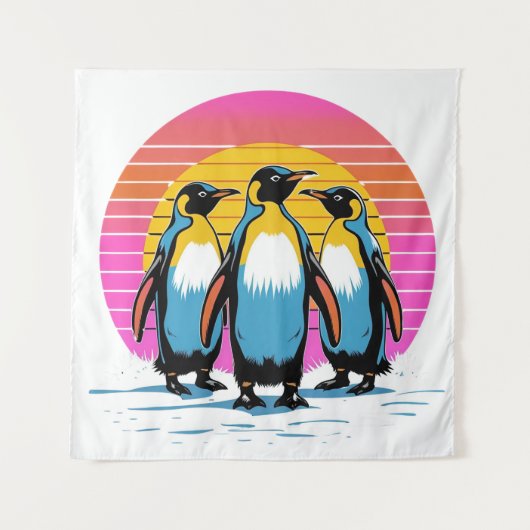 Penguin Parade - Retro Sunset Penguin Familie Wandkleed (Voorkant)