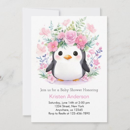 Penguin Paradise: Meisje Baby shower Kaart (Voorkant)