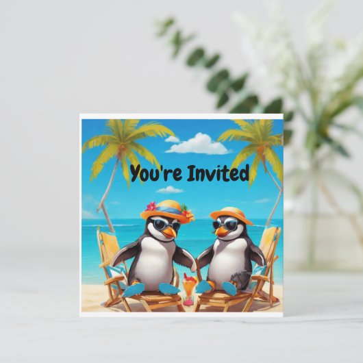 Penguin Party "Je bent uitgenodigd " Kaart (Staand voorkant)