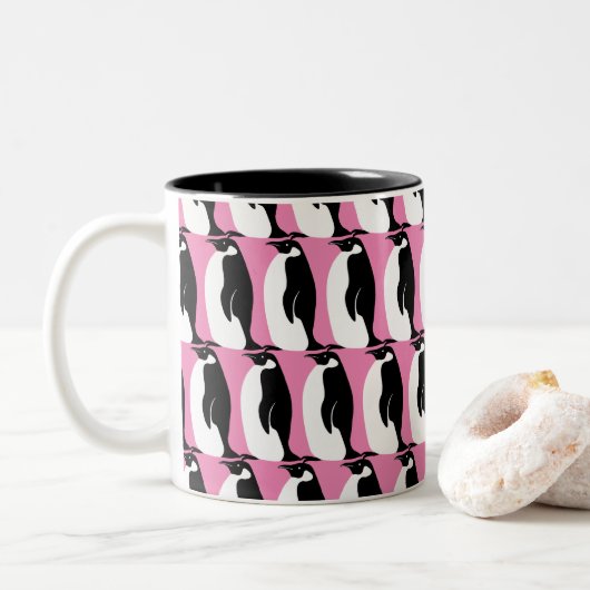 Penguin Pattern roze Black White Tweekleurige Koffiemok (Met donut)