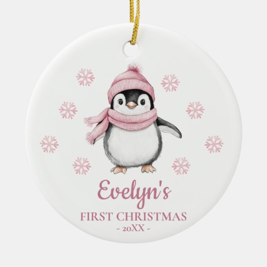 Penguin Personalized Girl's First Christmas Keramisch Ornament (Voorkant)