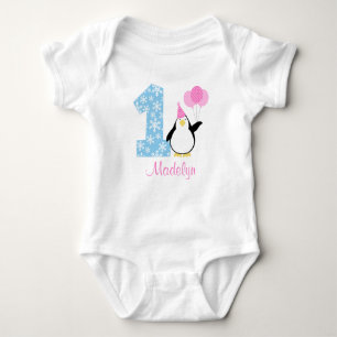 Penguin Pink Blue Girl Winter Onederland Birthday Romper