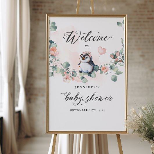 Penguin Pink Girl Baby shower Welkom Poster