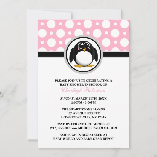 Penguin Pink Polka Dot Baby Shower Invitations Kaart (Voorkant)