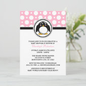 Penguin Pink Polka Dot Baby Shower Invitations Kaart (Staand voorkant)