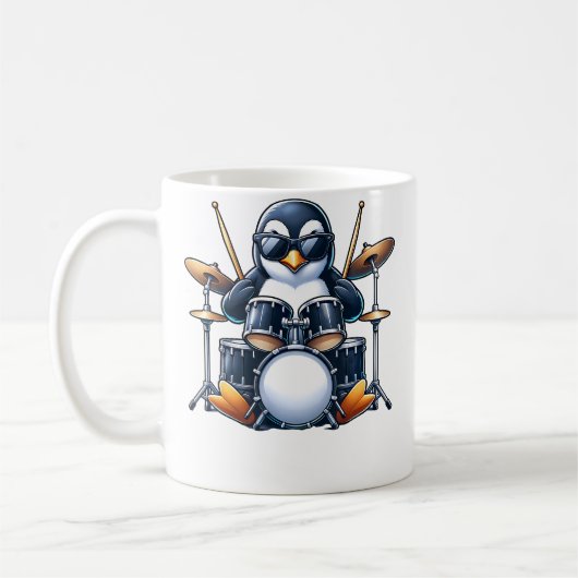 Penguin Playing Drums Rock Band Musician Funny Win Koffiemok (Links)