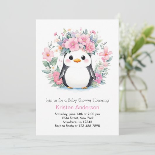 Penguin Playtime Fiesta: Meisje Baby shower Kaart (Staand voorkant)