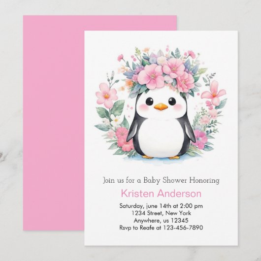 Penguin Playtime Fiesta: Meisje Baby shower Kaart (Voorkant / Achterkant)