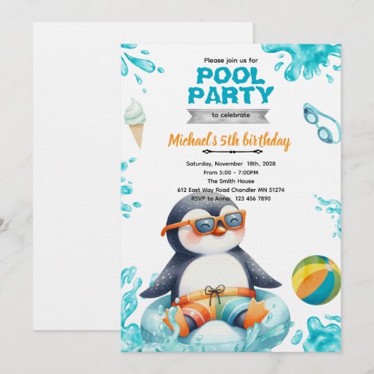 Penguin Pool Party Birthday Invitation Kaart (Voorkant / Achterkant)