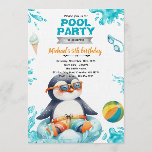 Penguin Pool Party Birthday Invitation Kaart (Voorkant)