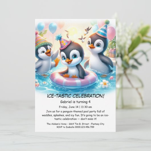 Penguin Pool Party Verjaardag Uitnodiging (Staand voorkant)