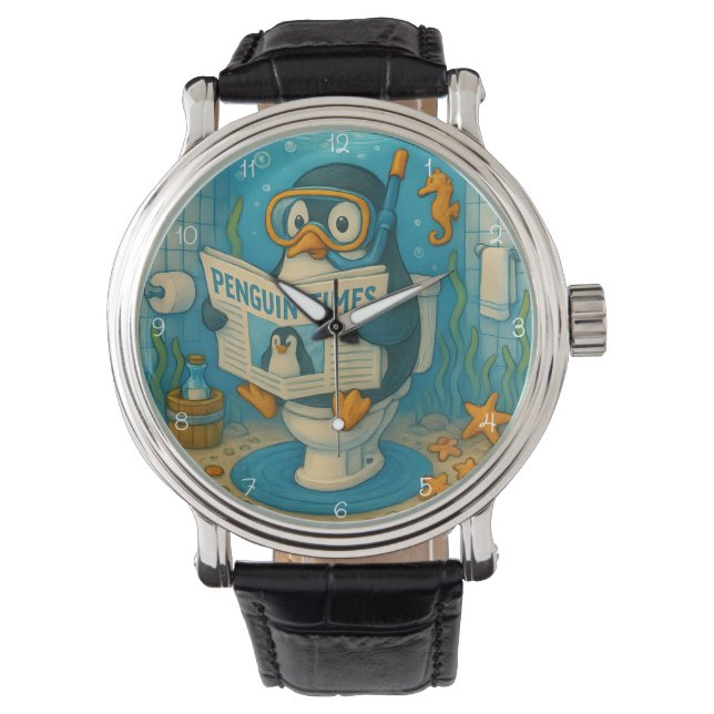 Penguin Reading Newspaper Underwater Horloge (Voorkant)