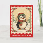 Penguin Retro Postzegel Kerstmis Feestdagen Kaart (Voorkant)