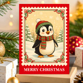 Penguin Retro Postzegel Kerstmis Feestdagen Kaart