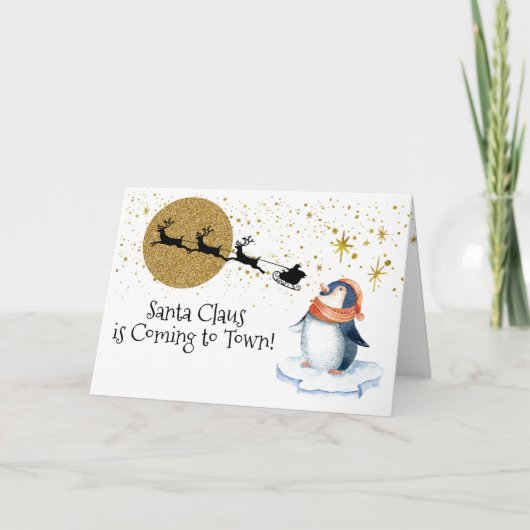 Penguin Santa Sleigh Gold Modern Paining Feestdagen Kaart (Voorkant)