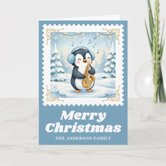 Penguin Saxophone Retro Postage Stamp Christmas Feestdagen Kaart (Voorkant)