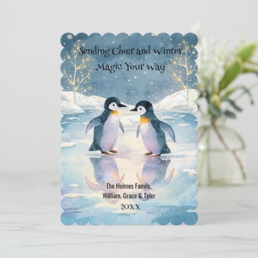 Penguin Schaatsen Kerst Kaart (Staand voorkant)