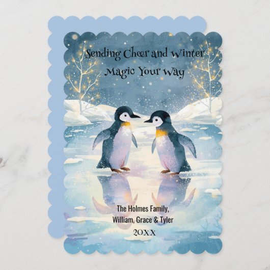 Penguin Schaatsen Kerst Kaart (Voorkant / Achterkant)