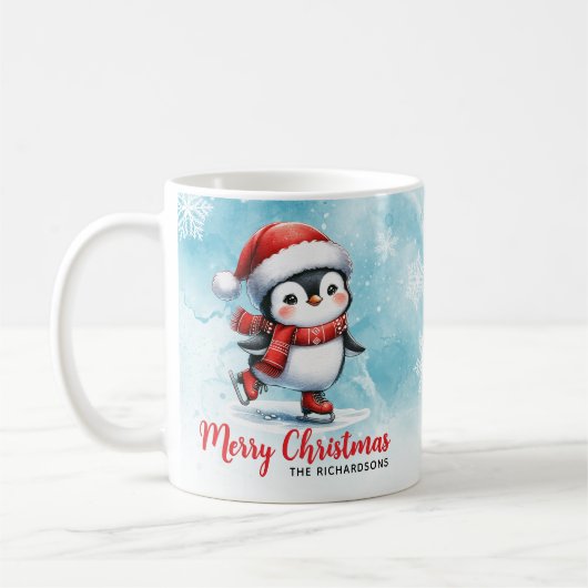 Penguin schaatser blauw en rood vrolijk kerstfeest koffiemok (Links)