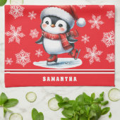 Penguin Schaatser Feestelijke Rode Custom Christma Theedoek (Gevouwen)