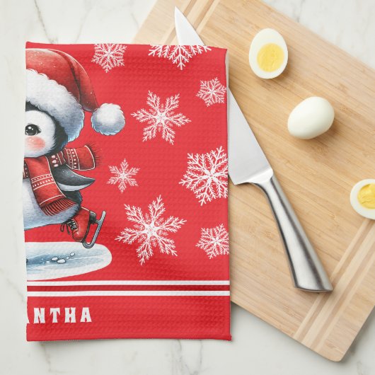 Penguin Schaatser Feestelijke Rode Custom Christma Theedoek (Quarter Fold)