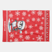 Penguin Schaatser Feestelijke Rode Custom Christma Theedoek (Horizontaal)