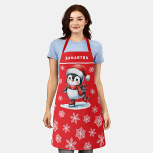 Penguin schaatser monogrammed rode kerst schort