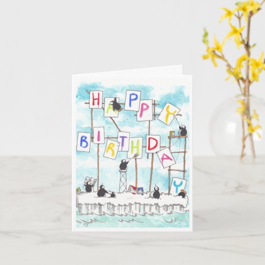 Penguin Schilders Verjaardag Kaart (Gele Bloem)