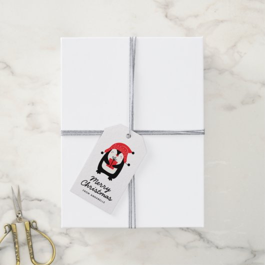 Penguin Script Vrolijk Kerstcadeau Label Cadeaulabel (Met Touw)
